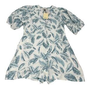 Elan Anthropologie Large Button Up Tie Waist Romper Blue White Leaf Tropical NWT